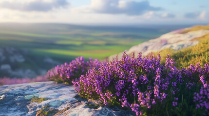 A field of purple flowers is growing on a rocky hillside