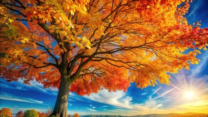 autumn tree with vibrant colorful leaves against blue sky,, nature landscape