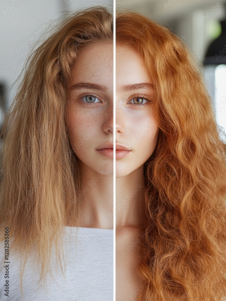 Poster transformation of hair with before and after styling showcasing the contrast of unkempt and stylish 