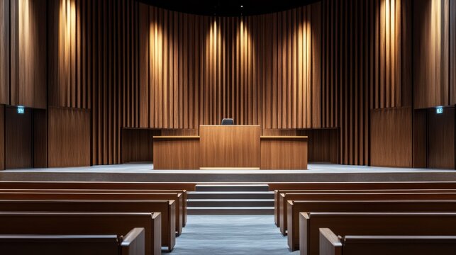 A legislative hall with a modern podium and minimalist decor. Featuring simplicity and focus