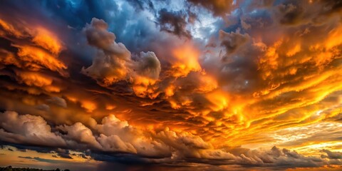 Dramatic, turbulent sky with dark grey clouds and vibrant orange hues at sunset