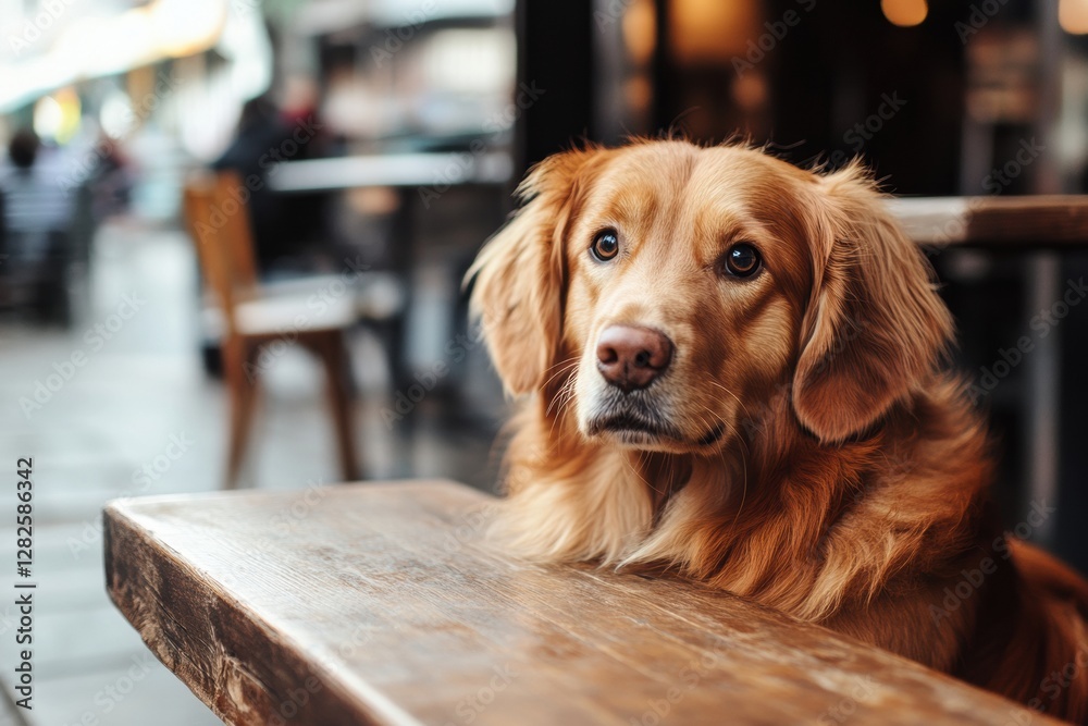 Poster Golden retriever sitting at a cafe table with a thoughtful expression in a bustling outdoor setting. Generative AI