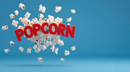 Fototapeta premium Popcorn Explosion with Bright Red Text on Vibrant Blue Background