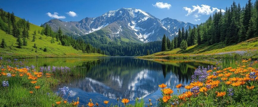 Mountain lake landscape with colorful flowers blue sky and green trees reflection in water