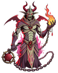 Render a terrifying demonic figure, heavily chained, with glowing red eyes and sharp claws, in a dark, gritty environment.  Focus on detailed texture and dramatic lighting.