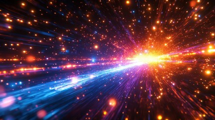 Fototapeta premium Abstract light streaks and particles converge in a bright explosion.