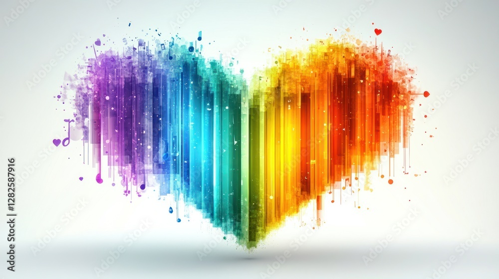 Poster abstract rainbow heart shape with musical notes and sparkles.
