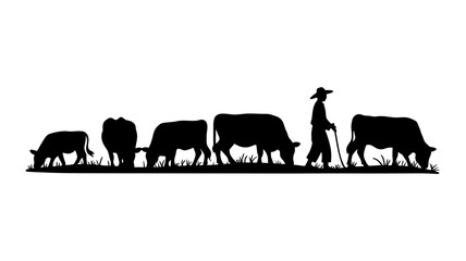 Silhouettes of a farmer and cows grazing in a field