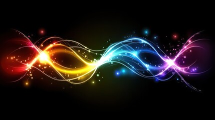 Abstract rainbow light wave energy glowing sparkles on black background.