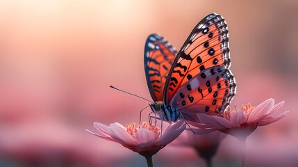 Obraz premium Vibrant butterfly perched on delicate pink flowers in a serene garden setting at sunset