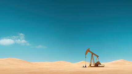 Oil Pump Jack in Desert Landscape Against Clear Blue Sky
