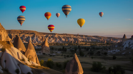 Obraz premium Colorful Hot Air Balloons Over Scenic Landscape