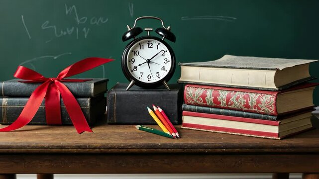 Books, clock and pencils on the table with a chalkboard background. Back to school and education concept footage for educational institutions