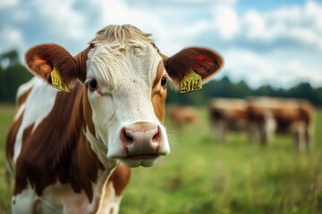 Close up of a curious young cow with ear tags grazing in a vibrant green field near farm buildings. Generative AI