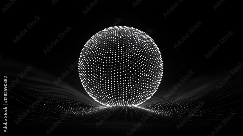 Leinwandbilder Abstract sphere of light points on dark background with wave lines.