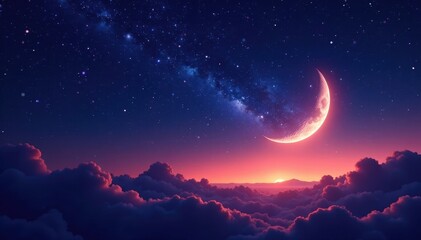 Naklejka premium Crescent moon hangs in a vast, star-studded sky , cosmos, night