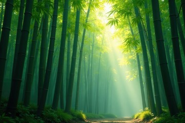 Dense bamboo stalks, dappled sunlight, misty air, bright, natural, pattern