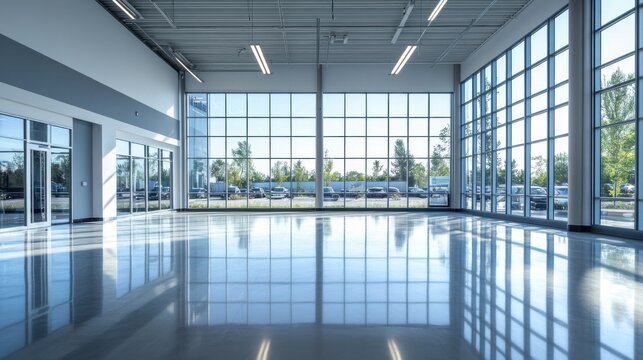 Empty dealership with bright showroom and polished floors. Featuring flexibility and opportunity