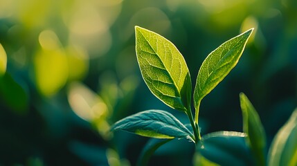Obraz premium Close Up of Vibrant Green Tea Leaves in Sunlight