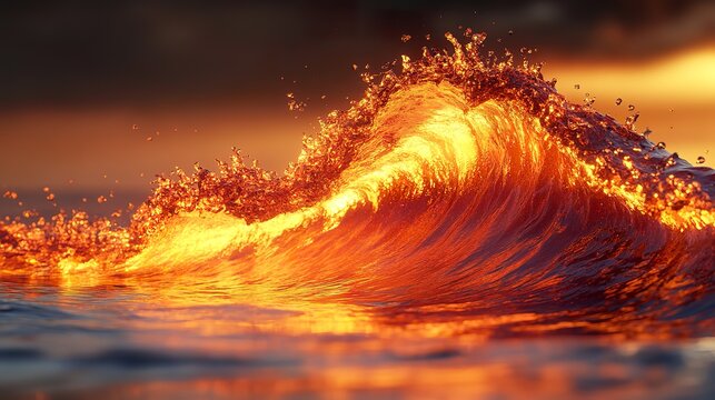 Golden wave crests against a fiery sunset backdrop
