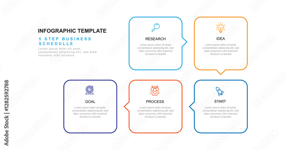 Aufkleber Simple vector template infographic with 5 step box linear style. Vector timeline with icons can be used for workflow, business presentation and web graphic design 