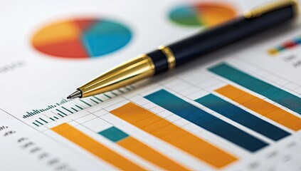 Business graphs, charts, and pen on document