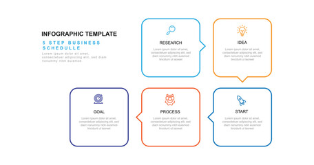 Simple vector template infographic with 5 step box linear style. Vector timeline with icons can be used for workflow, business presentation and web graphic design 