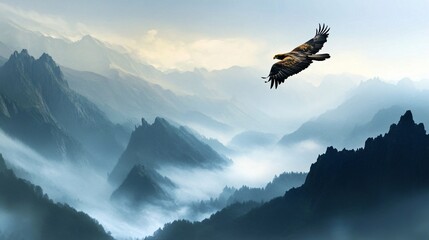 Fototapeta premium Majestic Eagle Soaring Above Misty Mountain Peaks