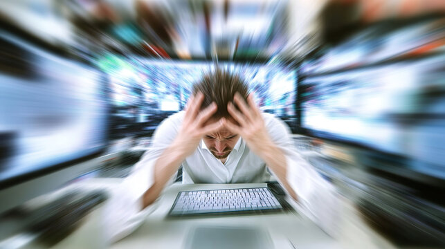 Stressed developer working late at computer setup, surrounded by multiple monitors and coffee cups, showcasing the challenges of modern tech work and mental pressure in a fast-paced digital environmen