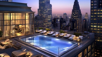 Rooftop Infinity Pool Overlooking Cityscape at Night