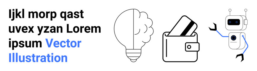 Light bulb brain, wallet with credit cards, and friendly robot near modern typography composition. Ideal for technology, finance, automation, creativity, innovation, artificial intelligence digital