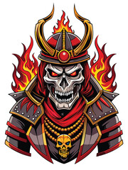 A terrifying samurai skull, monstrous in size, with fiery, glowing eyes, intensely detailed and intricately rendered.  Intricate skull design.