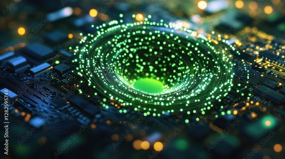 Poster abstract swirling green energy vortex on a circuit board.