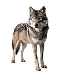 A wolf standing on a white background, showcasing its thick fur.