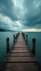 Fototapeta premium Rustic pier stretches into calm water under a brooding sky , moody sky, tranquil, serenity