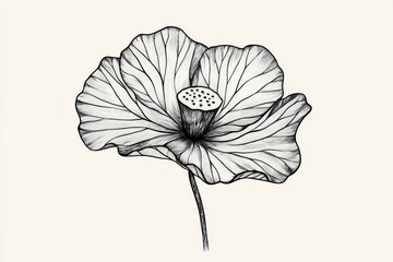 Monochrome lotus flower drawing, botanical illustration, white background, design element