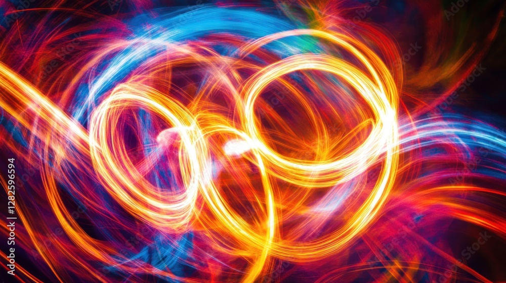 Poster abstract swirling light trails in vibrant red, orange, blue, creating a dynamic, energetic compositi