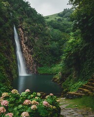 Waterfall cascading into pool, lush valley, flowers