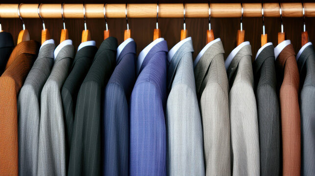 Neatly arranged suits in various colors hanging on wooden rack, showcasing stylish wardrobe. collection includes shades of gray, blue, and brown, perfect for formal occasions