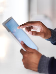 Person, hands and editing screen with tablet for planning, app and online software in office. Graphic designer, technology and website for brand consultant, ux artist and research for creativity