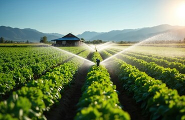 Automated farm irrigation system waters green crop field, ensuring efficient agriculture. Sprinklers spray water drops, nurturing plant growth. Rural farmland scenic landscape. Food production,