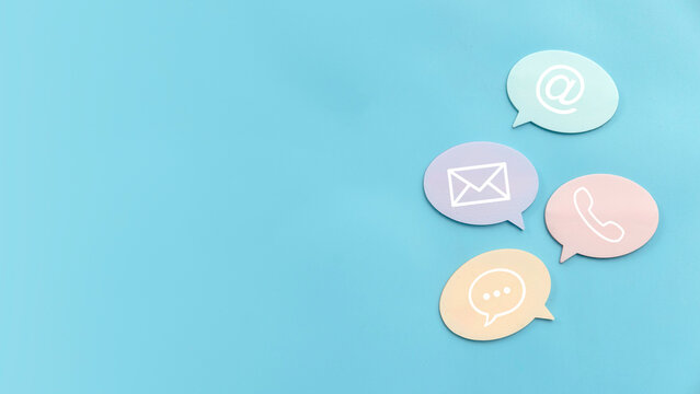 Icon of communication type on colourful speech bubble over a blue background. Contact us or Customer support hotline people connect.