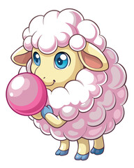 A fluffy white sheep, cartoonishly oversized, joyfully blows a gigantic, shimmering pink bubble of bubblegum.