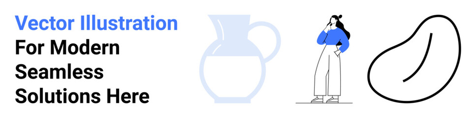 Abstract bean shape, transparent ceramic jug outline, thoughtful woman in casual outfit. Ideal for creativity, design, lifestyle branding, modern art, self-expression, minimalism flat landing page