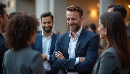 Businesspeople in suits engage networking conversation at pro event in evening atmosphere. Group interacts, shares ideas at corporate gathering. Successful team smiles. Human connections