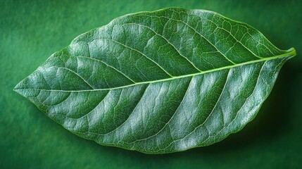 Obraz premium Detailed Green Leaf Macro Shot with Visible Veins on Solid Green Background in Natural Light, Depicting Plant Botany