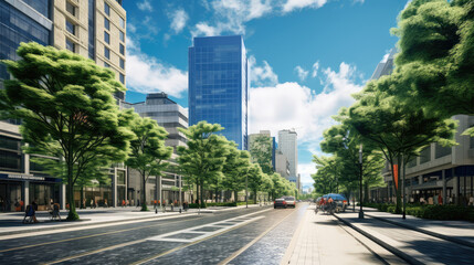 Vibrant Urban Street with Modern Architecture