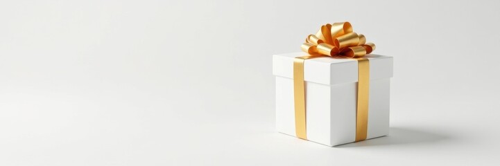 Luxury white gift box, golden ribbon bow, pure white background , background, template