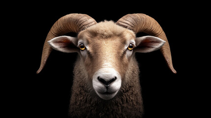 Naklejka premium close up portrait of sheep with prominent horns, showcasing its expressive face against black background. image captures sheep unique features and character