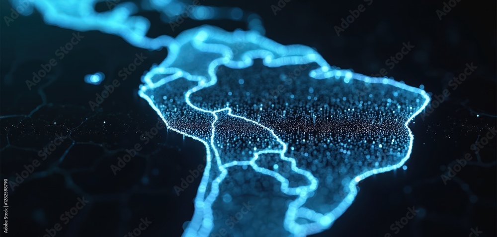 Poster 3d render of south america map, showing the continent outline with glowing dots and blurred blue lin